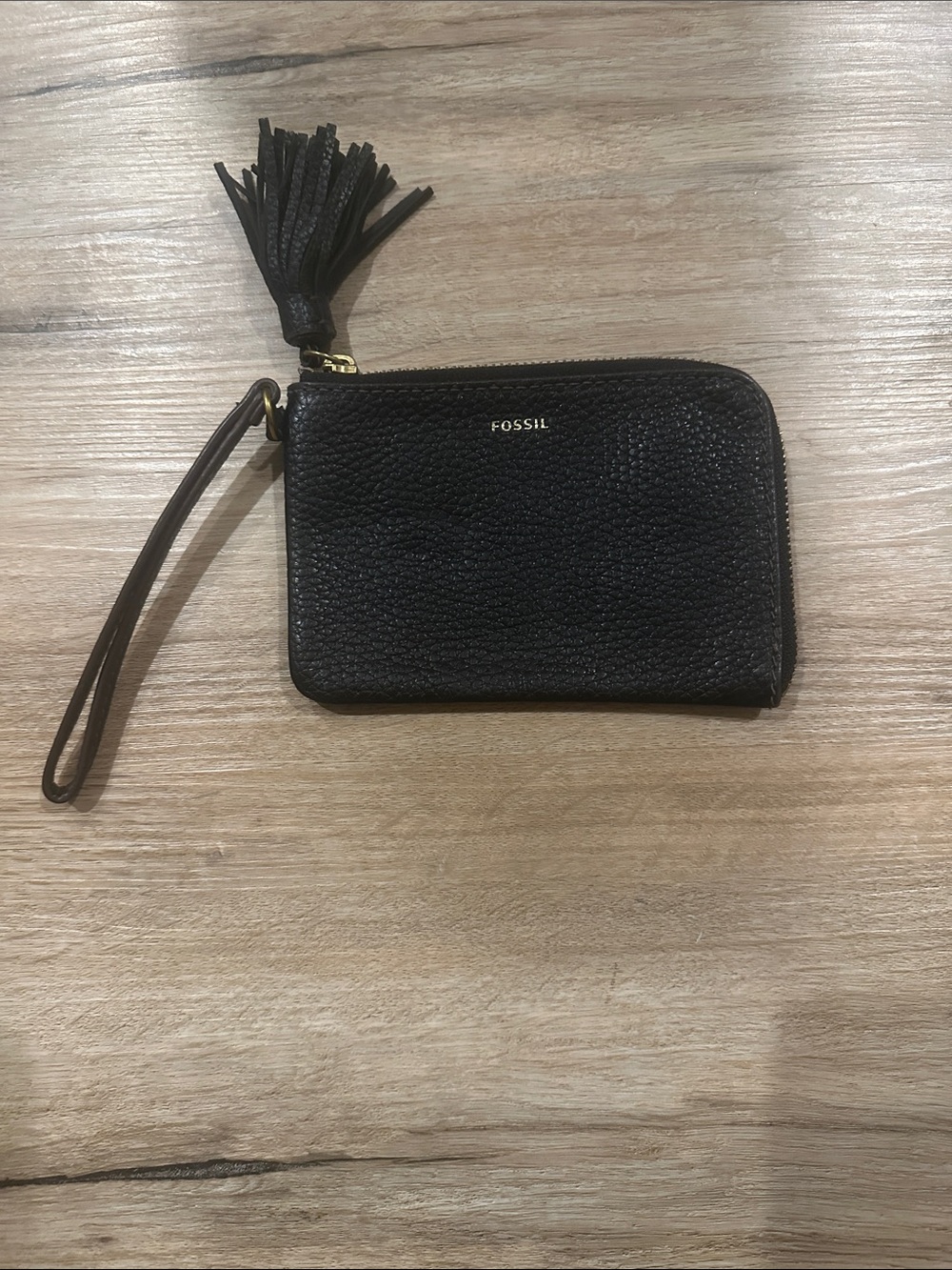 Fossil Black Pebbled Leather Wristlet with Tassel